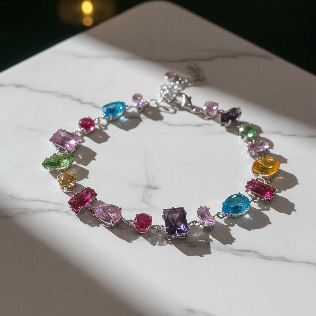 Colorful Zirconia Bracelet for Women - Multicolor Crystal Gemstone Chain Bracelet Gold Silver Plated Adjustable Charm Jewelry Gift