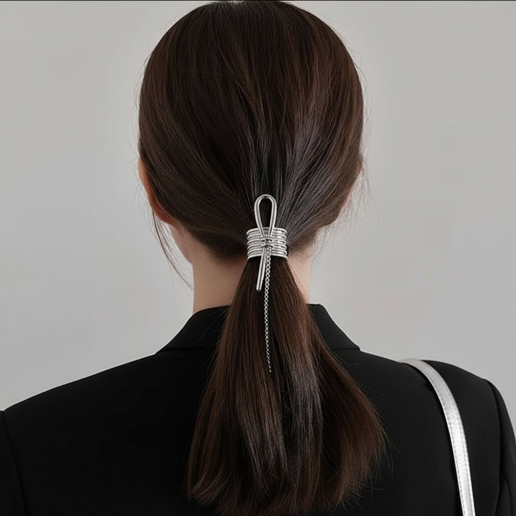 Silver Metal Hair Clip - Elegant Wrapped Coil Hair Accessory with Chain