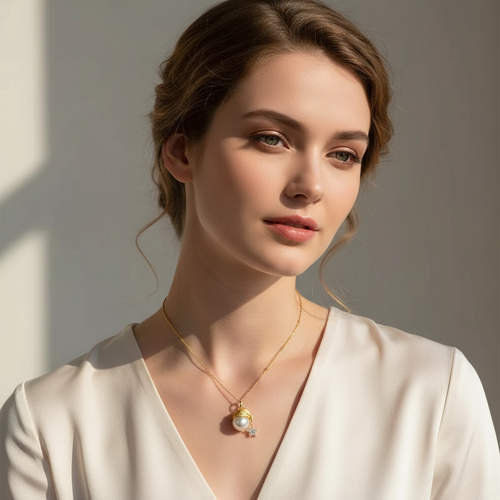 Gold Plated Faux Pearl Snowman Necklace with Star Charm - Handmade Brushed Finish