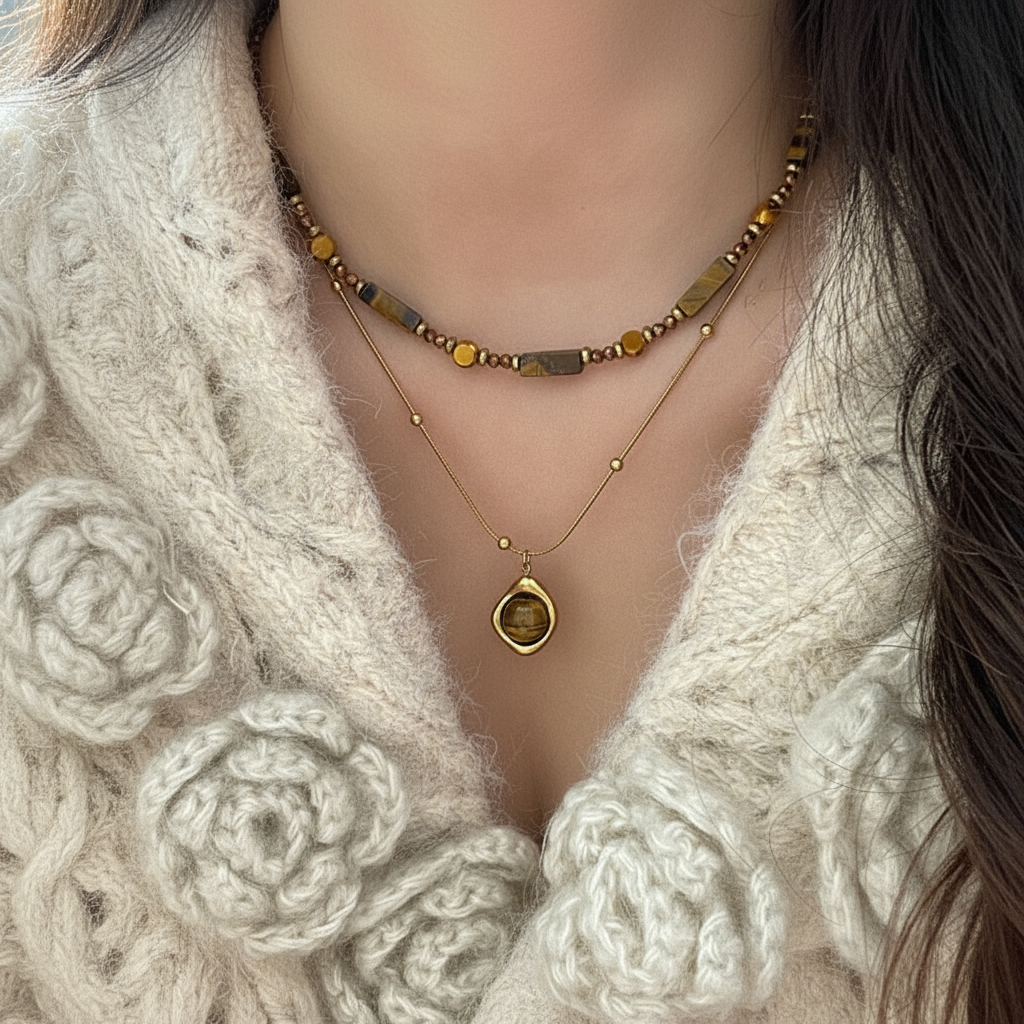 Tiger's Eye Layered Necklace Set - Gold Teardrop Pendant Double Chain