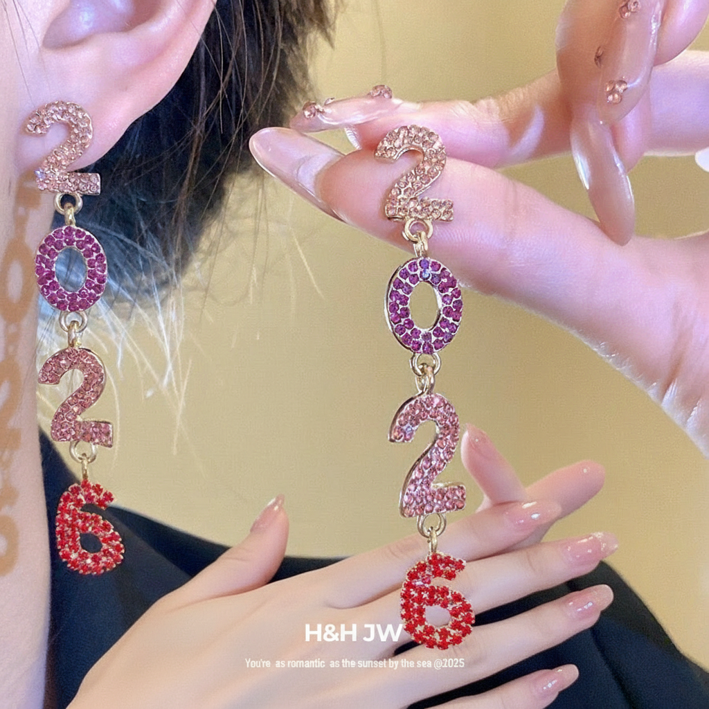 2026 New Year Crystal Number Earrings Snowflake Statement Jewelry