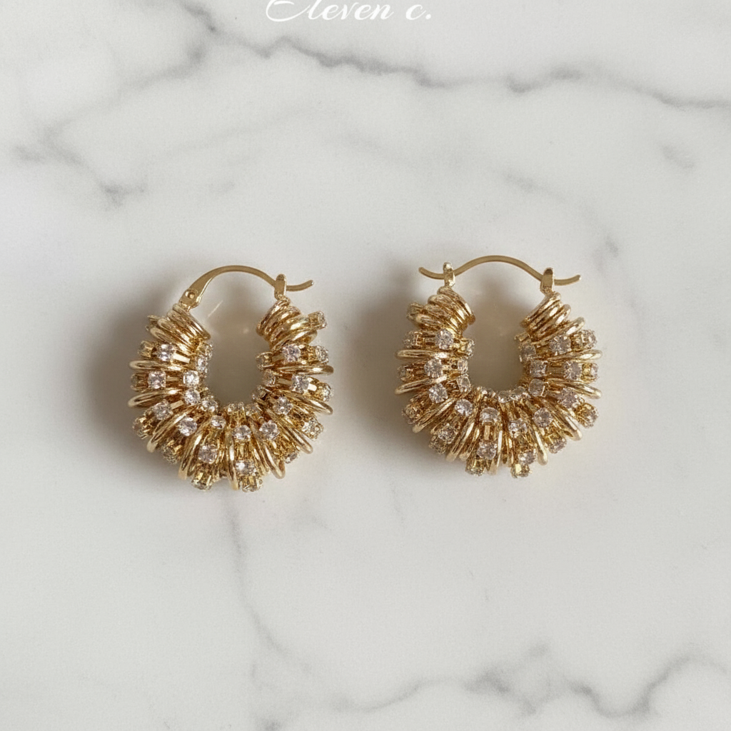 Luxury Gold Plated Crystal Hoop Earrings - Textured Wave Design