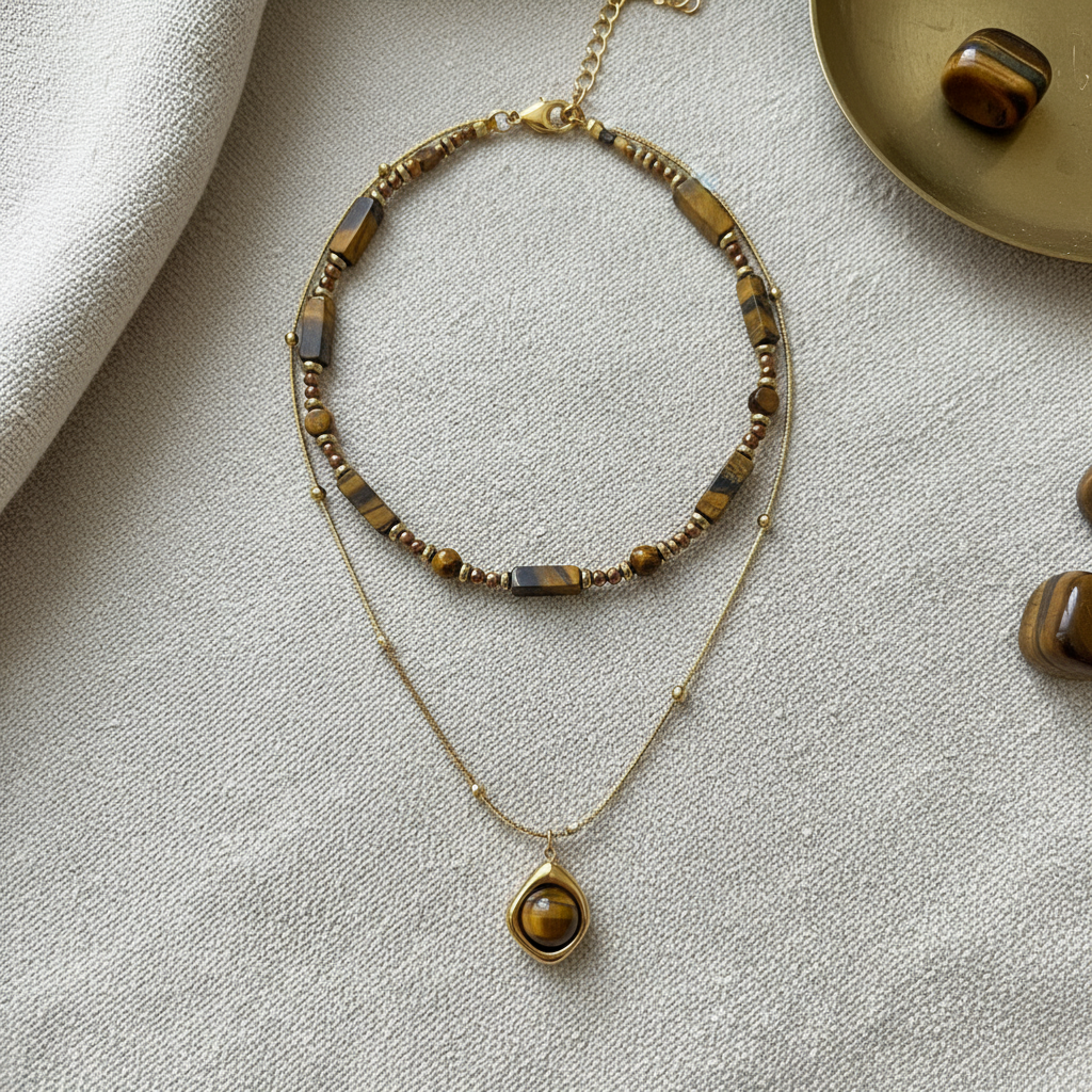 Tiger's Eye Layered Necklace Set - Gold Teardrop Pendant Double Chain