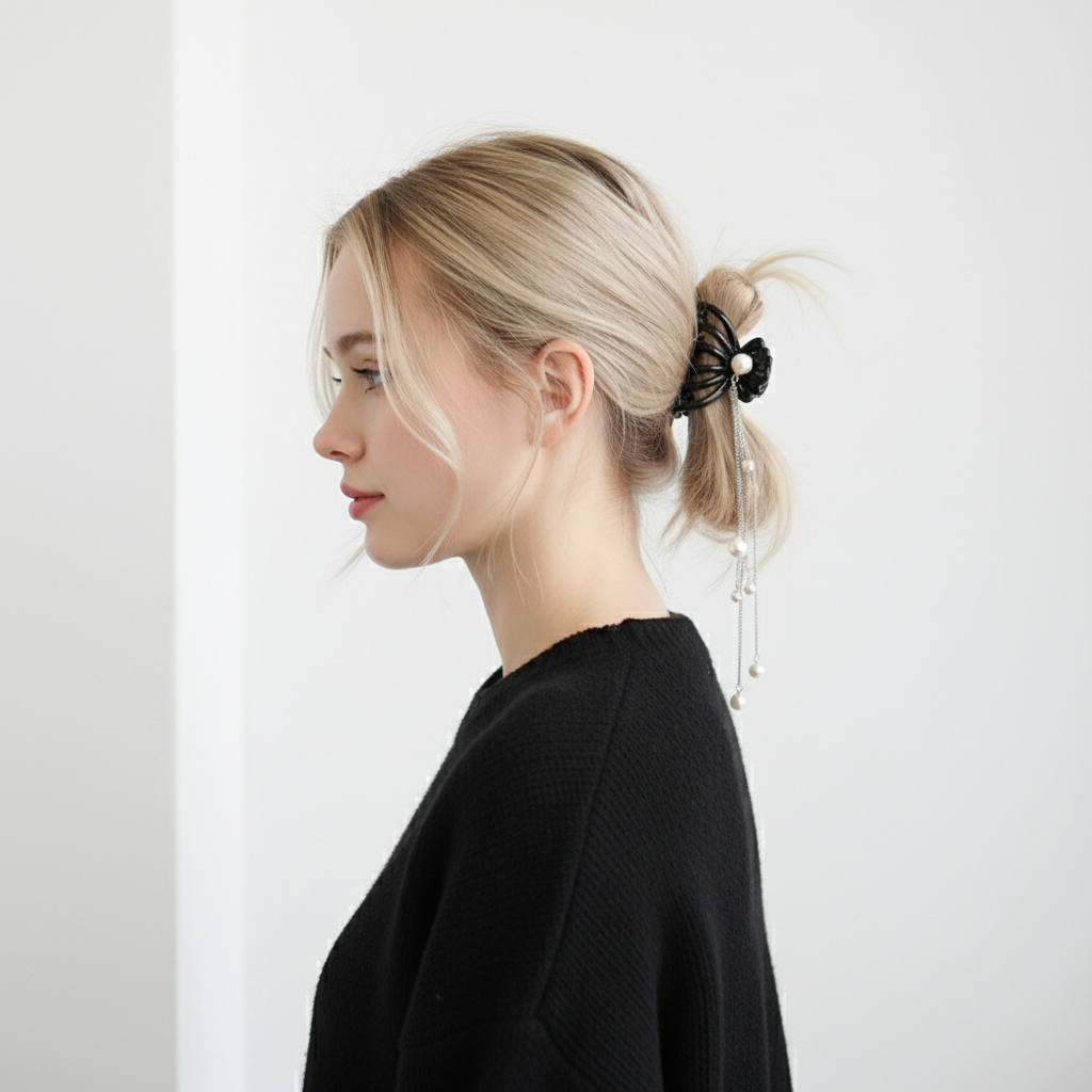 Black Butterfly Pearl Tassel Hair Clip