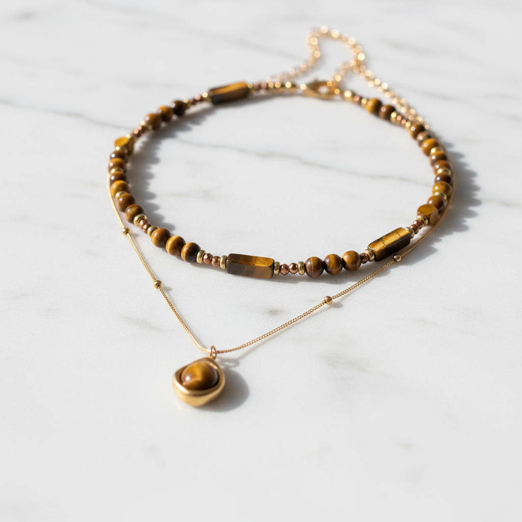 Tiger's Eye Layered Necklace Set - Gold Teardrop Pendant Double Chain