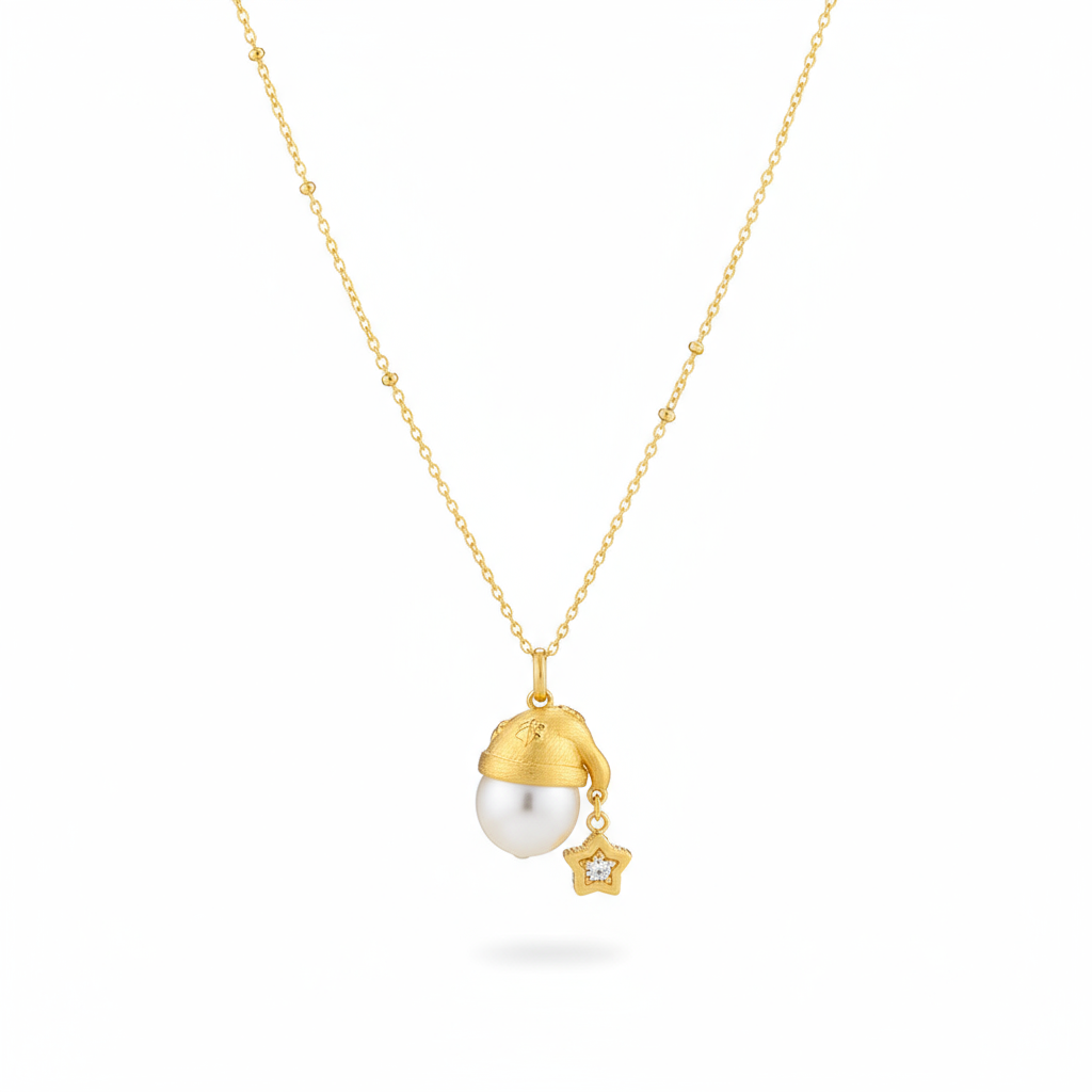 Gold Plated Faux Pearl Snowman Necklace with Star Charm - Handmade Brushed Finish