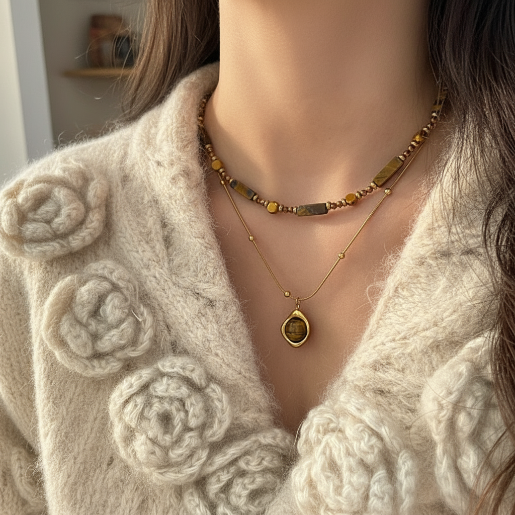 Tiger's Eye Layered Necklace Set - Gold Teardrop Pendant Double Chain