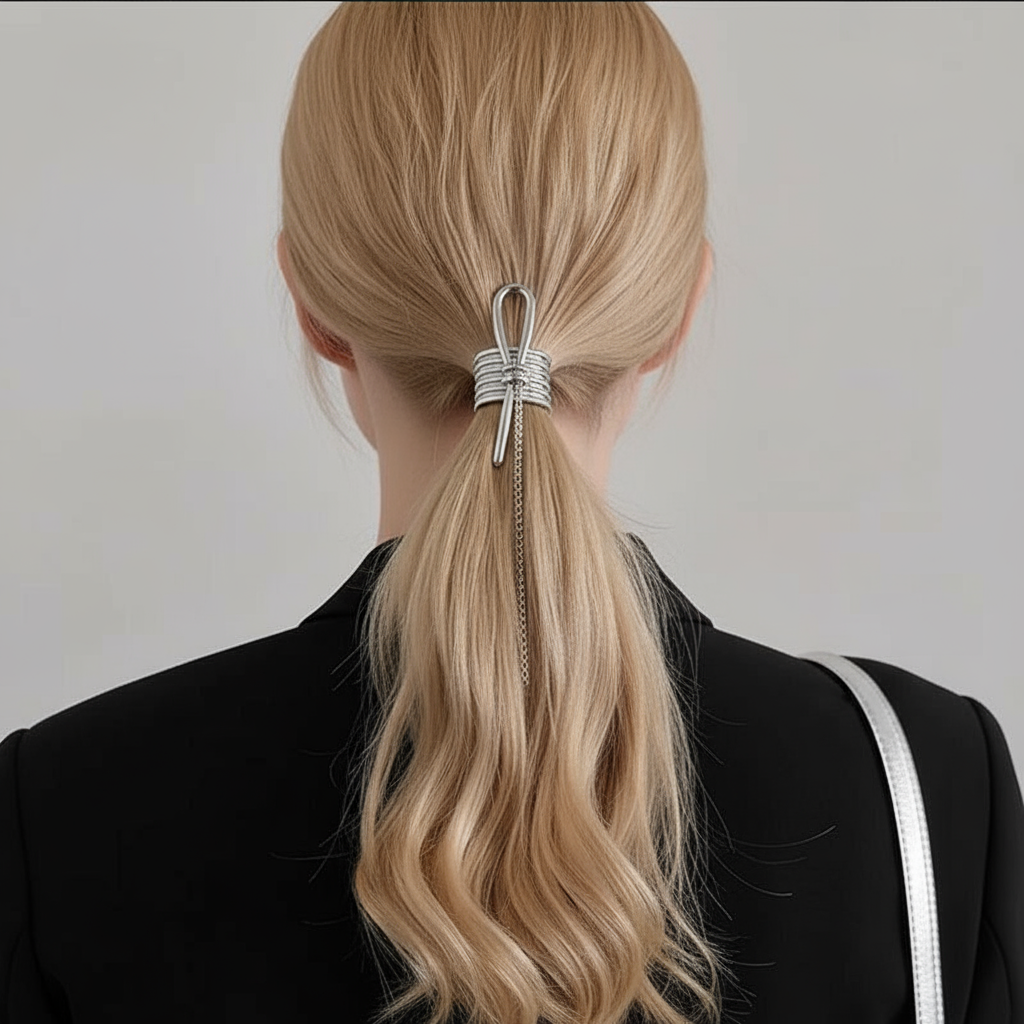 Silver Metal Hair Clip - Elegant Wrapped Coil Hair Accessory with Chain