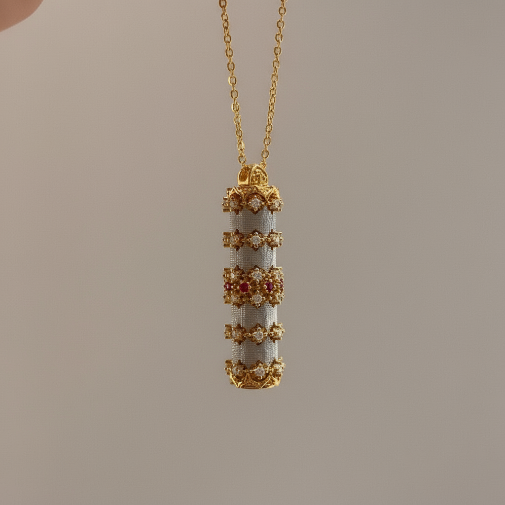 Luxury Gold Plated Kaleidoscope Cylinder Necklace - Handmade Brushed Finish with Gemstone Accents