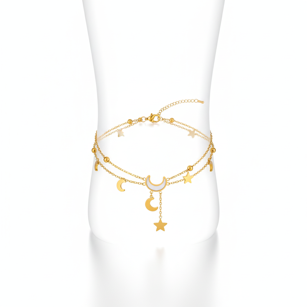 Celestial Moon and Star Double Chain Anklet - 14K Gold Plated