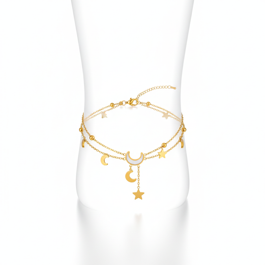 Celestial Moon and Star Double Chain Anklet - 14K Gold Plated