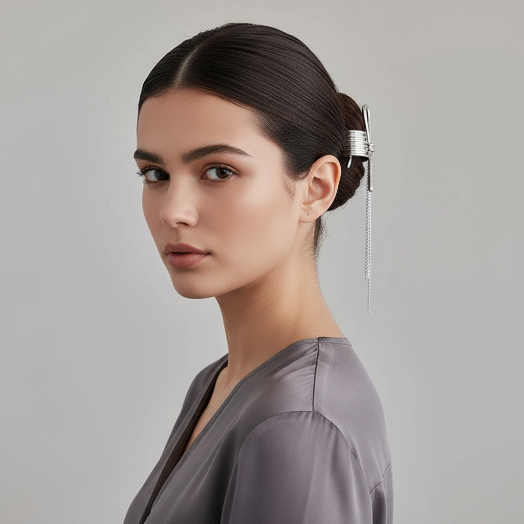 Silver Metal Hair Clip - Elegant Wrapped Coil Hair Accessory with Chain