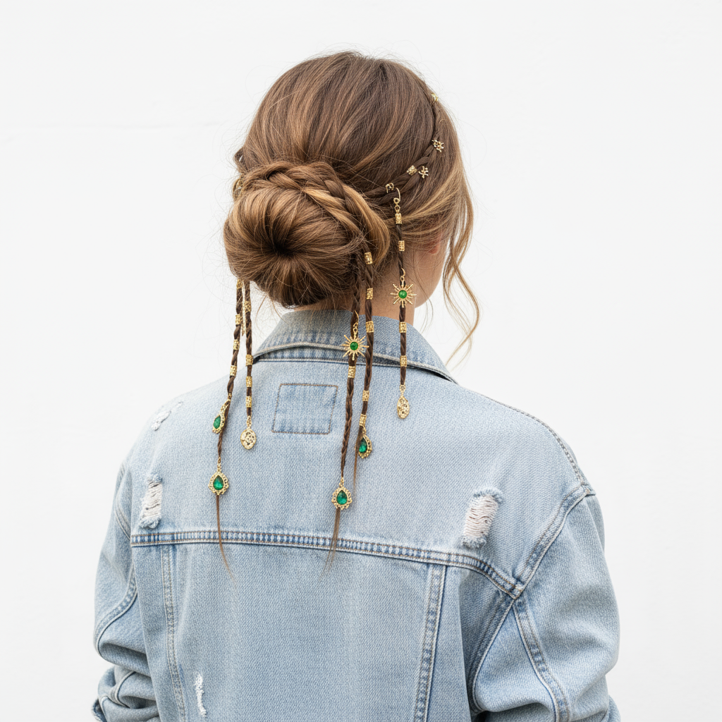 Bohemian Sun Charm Hair Jewelry with Green Gemstones - Gold Hair Accessories