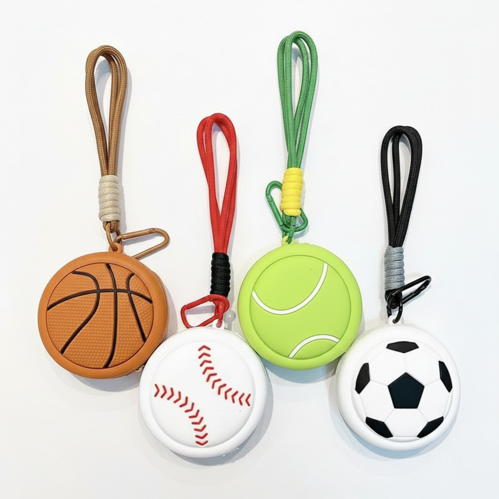 Sports Ball Silicone Coin Pouch Keychain - Basketball Baseball Tennis Soccer Charm