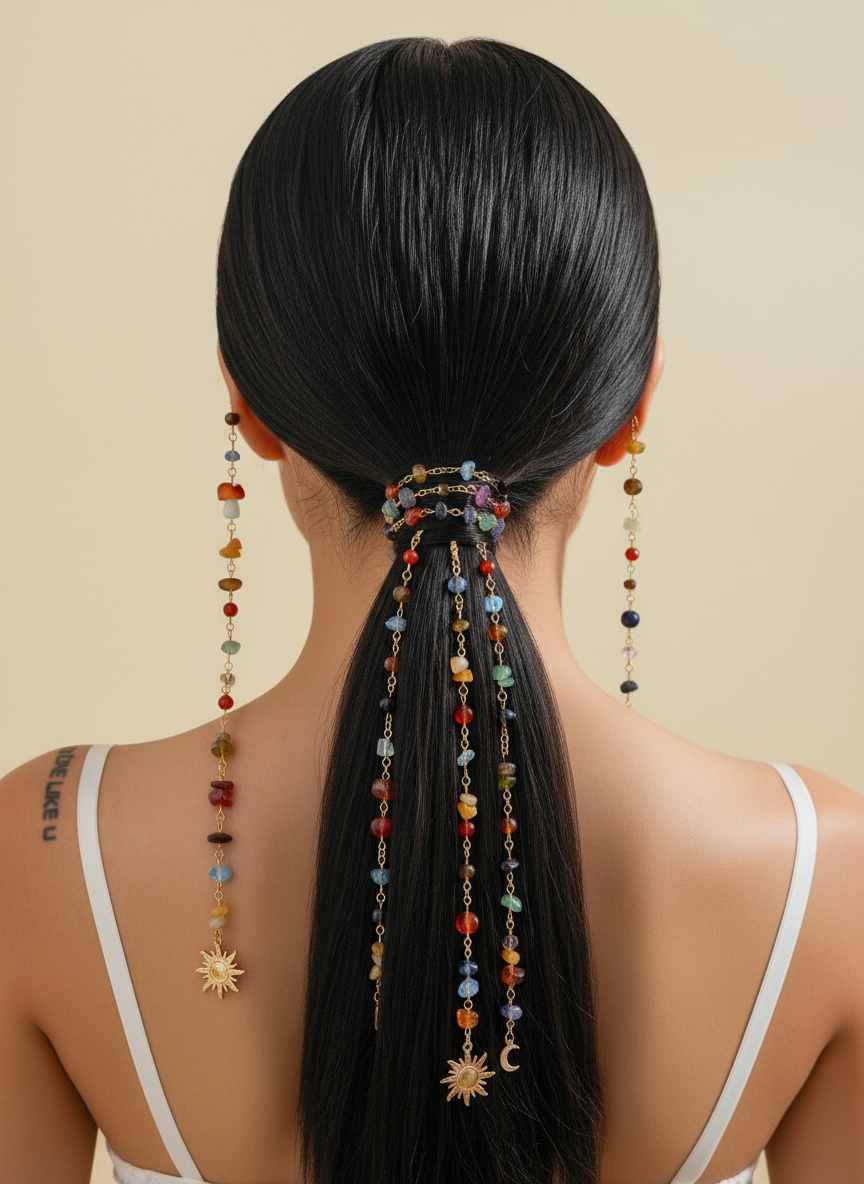 Boho Gemstone Hair Chain with Sun Moon Charms - Festival Hair Jewelry for Braids