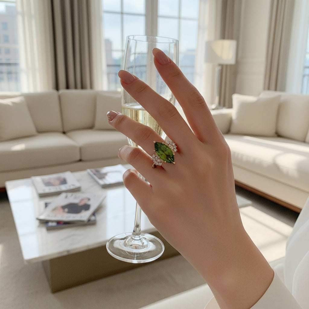 Olive Green Zirconia Ring - Adjustable Gold Plated Open Ring Vintage