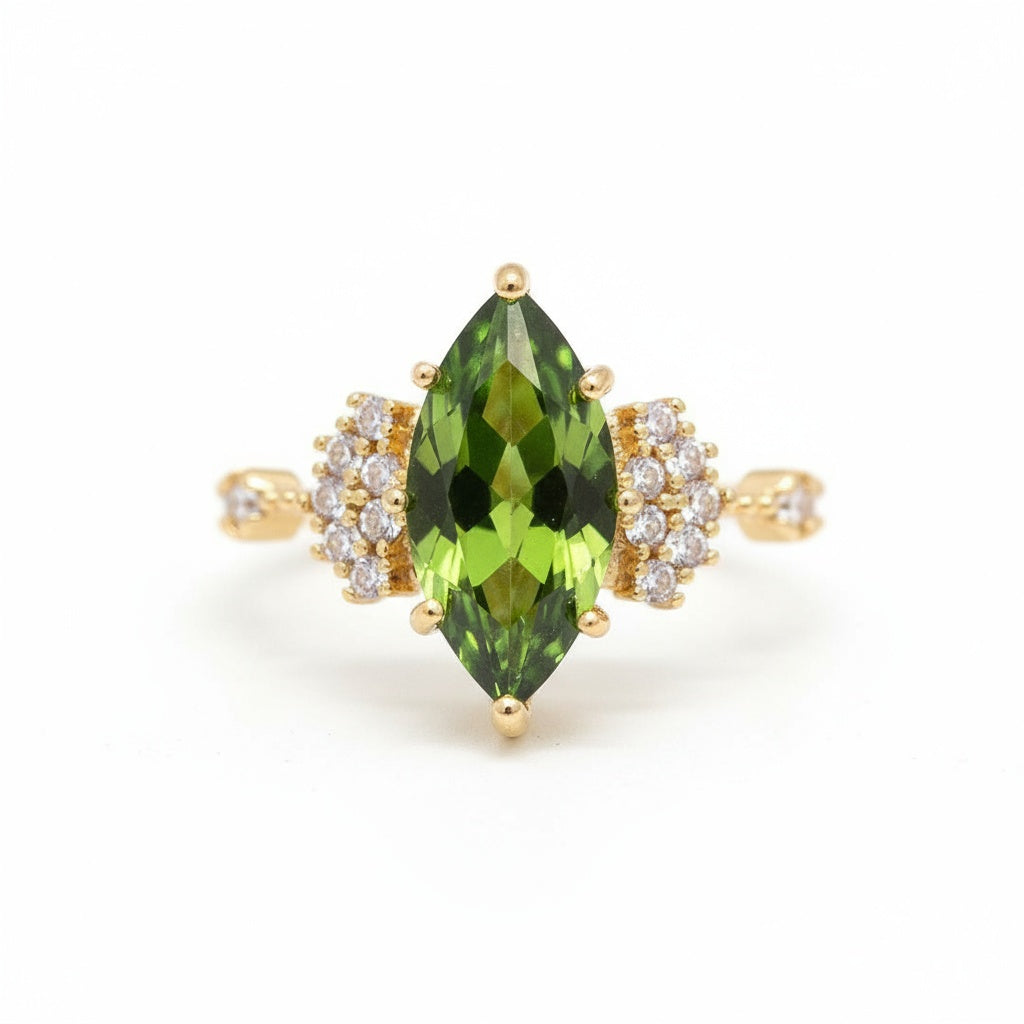 Olive Green Zirconia Ring - Adjustable Gold Plated Open Ring Vintage