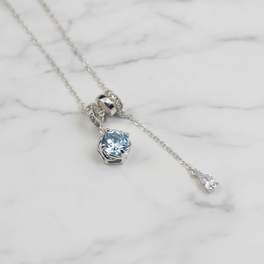 Ocean Blue Rose Cut Zirconia Necklace - Silver Plated Pendant Necklace