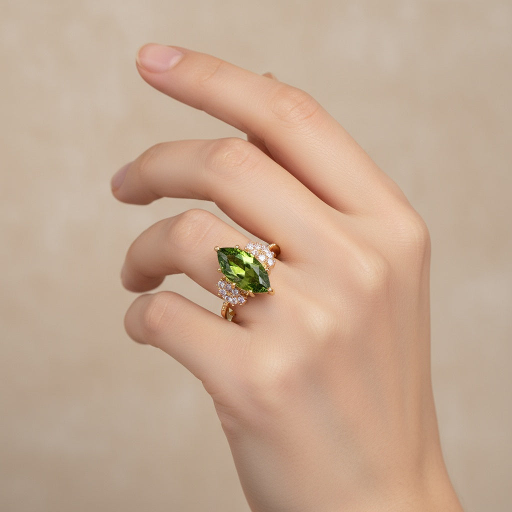 Olive Green Zirconia Ring - Adjustable Gold Plated Open Ring Vintage