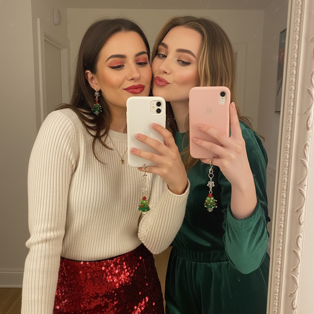 Handmade Beaded Christmas Tree Phone Charm - Green Crystal with Red Star