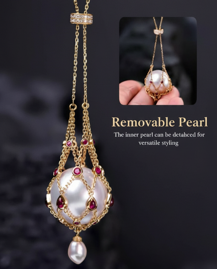 Luxury Openwork Pearl Pendant Necklace - Removable Design with Zirconia Accents