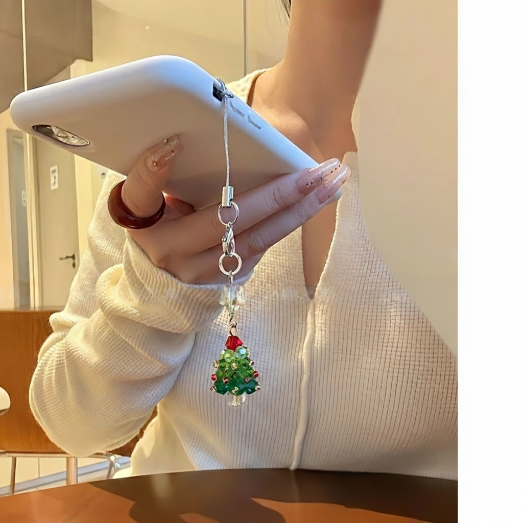 Handmade Beaded Christmas Tree Phone Charm - Green Crystal with Red Star