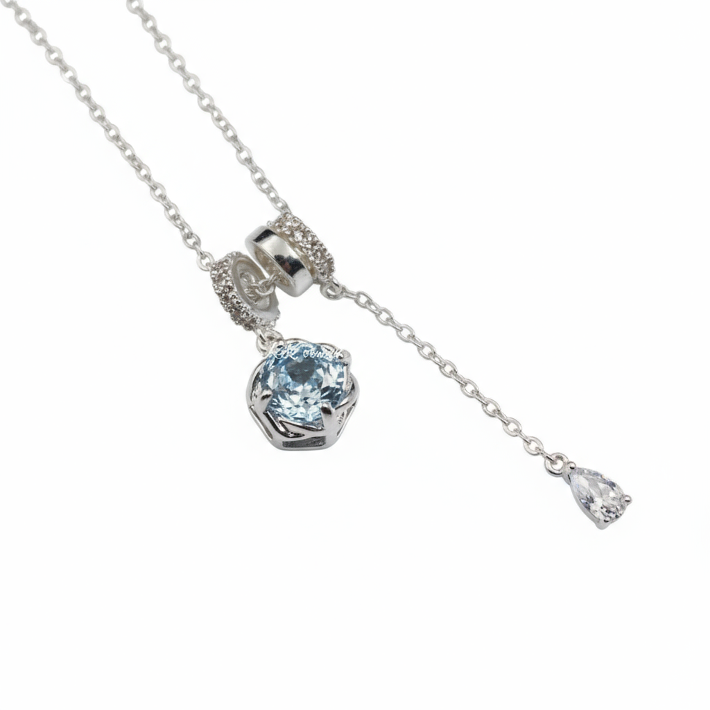 Ocean Blue Rose Cut Zirconia Necklace - Silver Plated Pendant Necklace