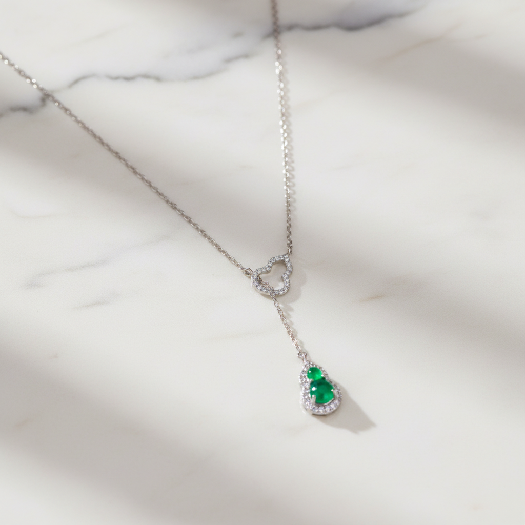 925 Sterling Silver Green Chalcedony Y Necklace - Lariat Necklace with Heart Charm