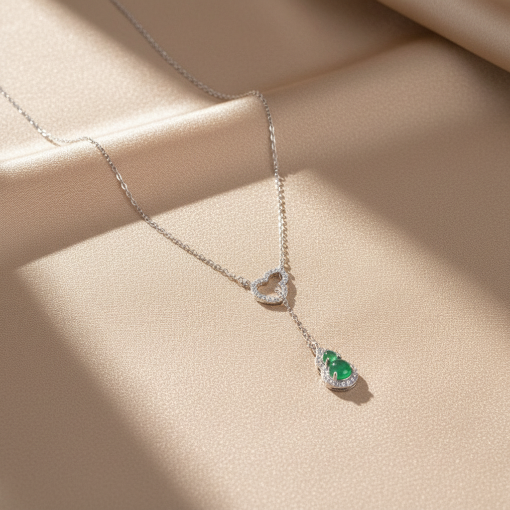 925 Sterling Silver Green Chalcedony Y Necklace - Lariat Necklace with Heart Charm