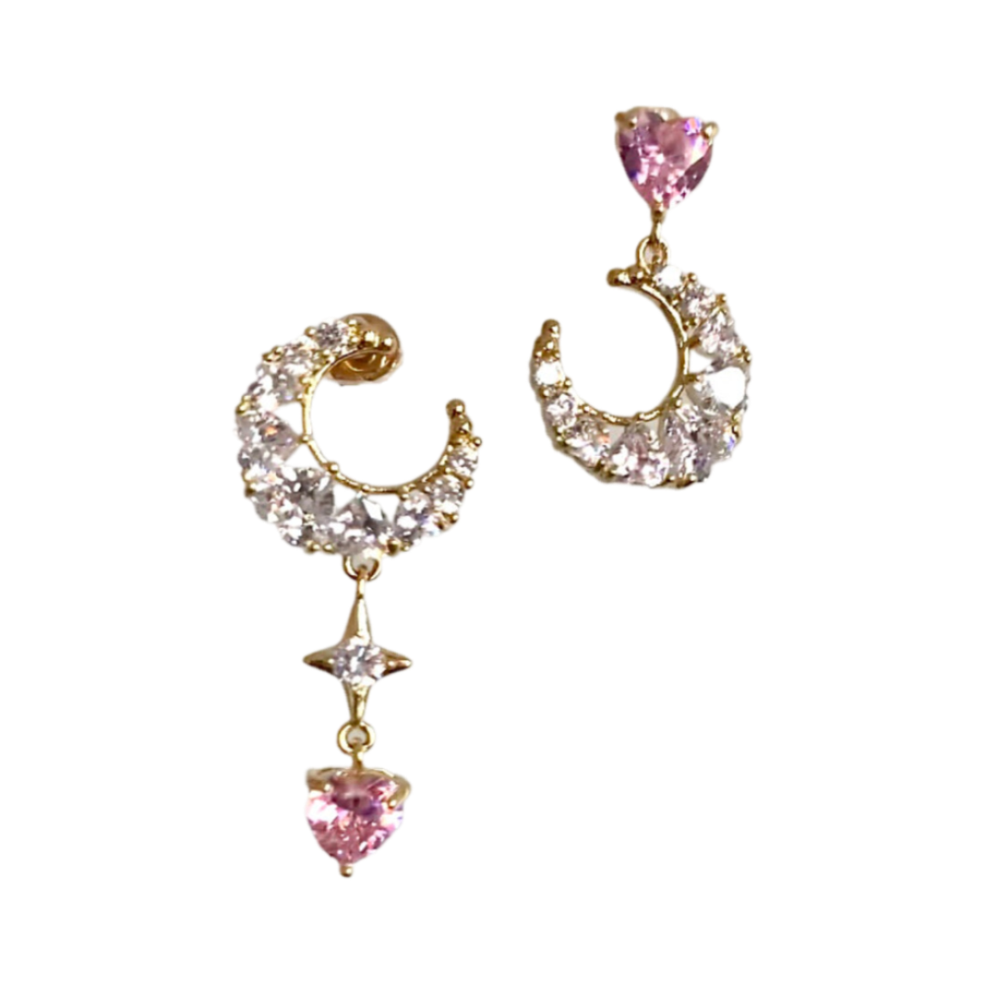 Pink Zirconia Moon Drop Earrings Silver Plated Celestial Dangle Jewelry